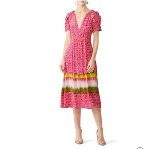 Tanya Taylor Luciana Pink and Green Puff Sleeve Midi Dress
